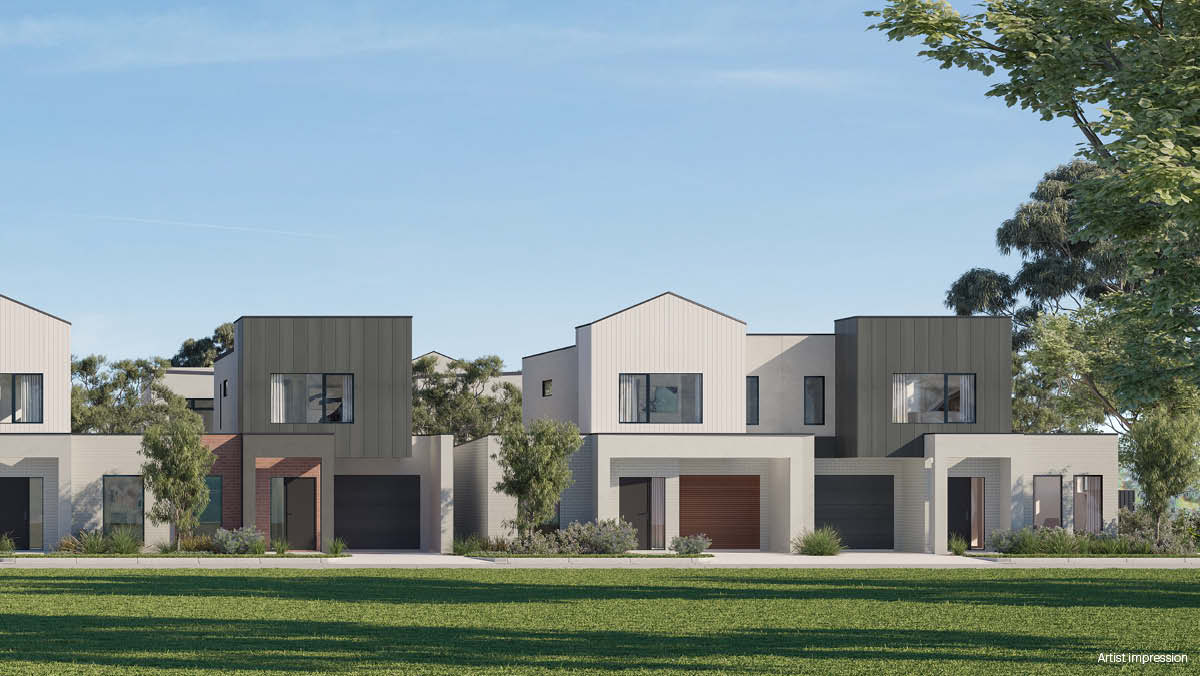 Artists impression of a streetscape with four houses in Coomoora Springvale South