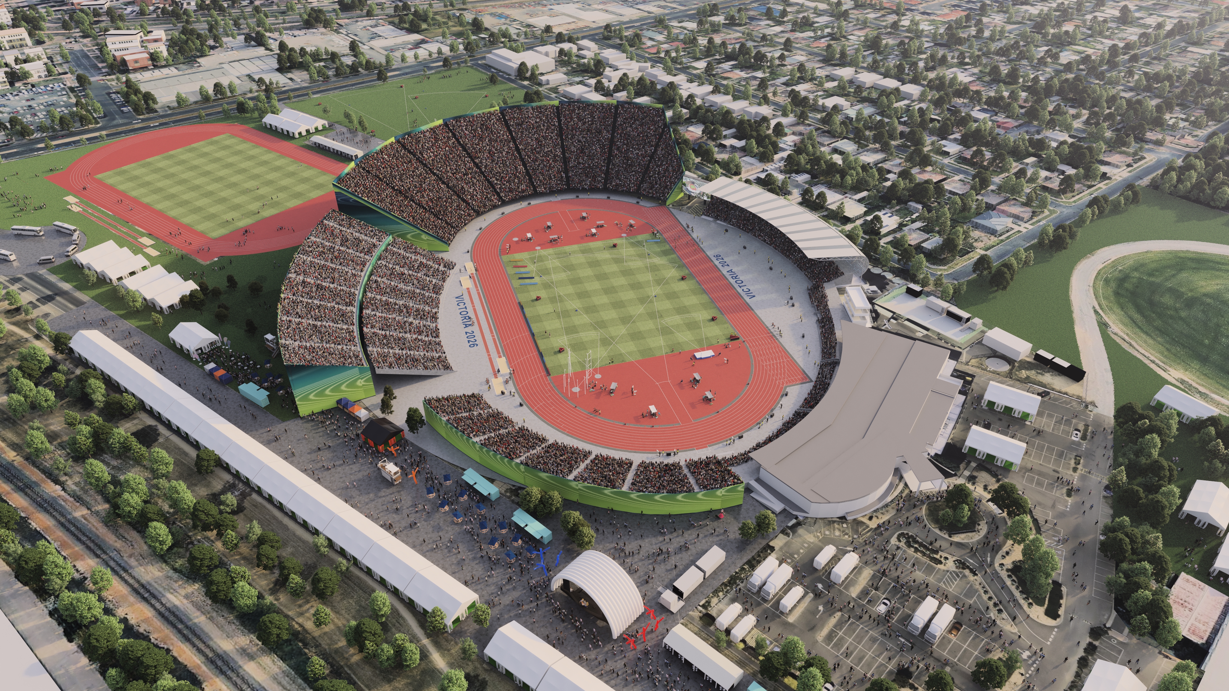 An artist's impression of the Victoria 2026 Athletics Venue at Ballarat's Eureka Stadium during Games time
