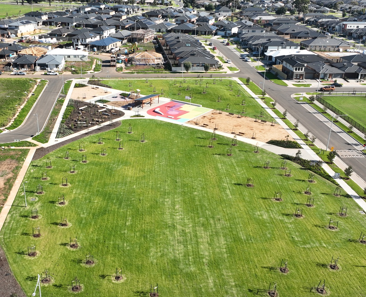 Aerial view of the new Tulsi Avenue Park inside the Riverwalk Estate at Werribee.