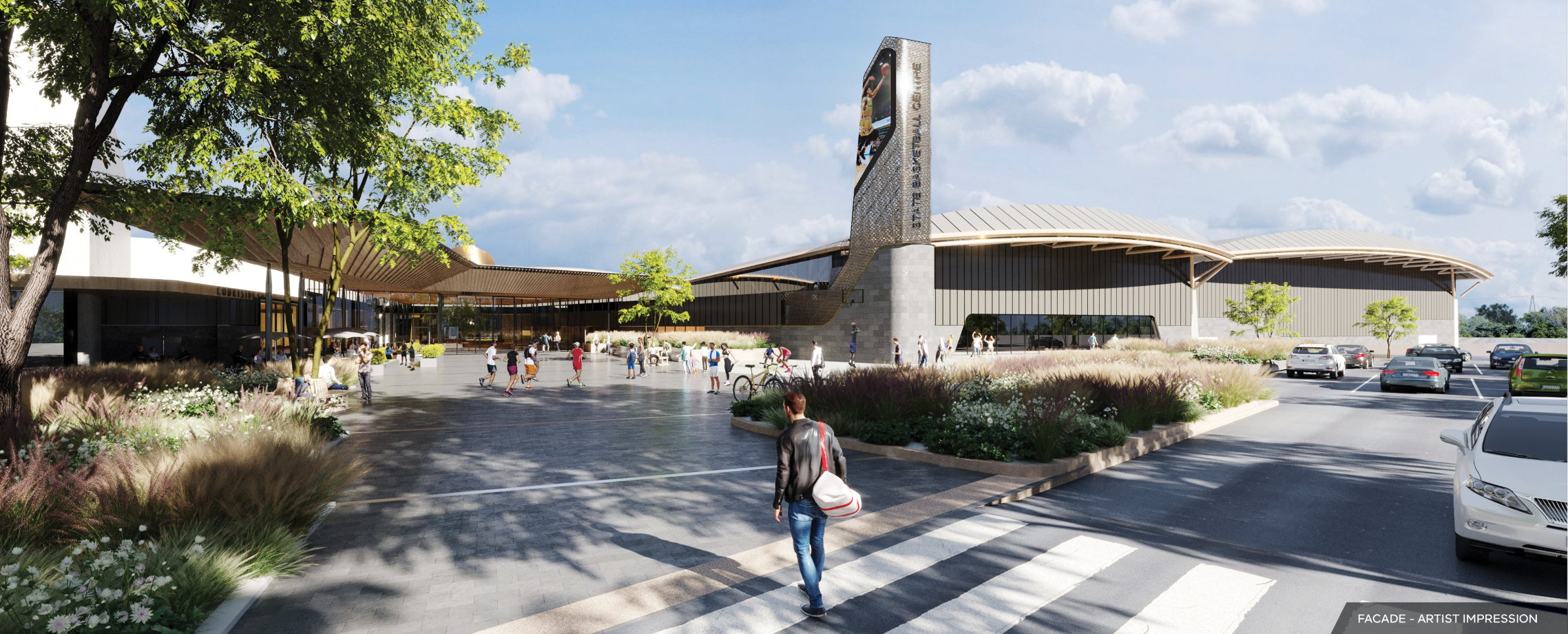 Artist impression of the front of the State Basketball Centre building with a person walking in carrying a bag