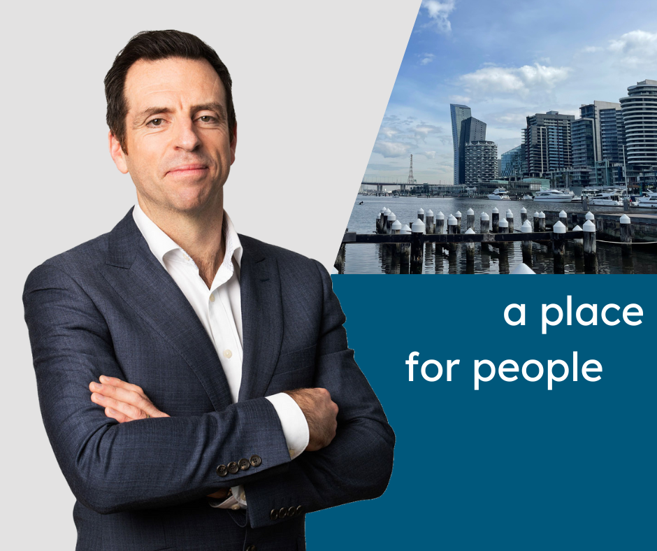 Image of Niall Cunningham with photo of Melbourne's Docklands in the background. Text reads: a place for people.