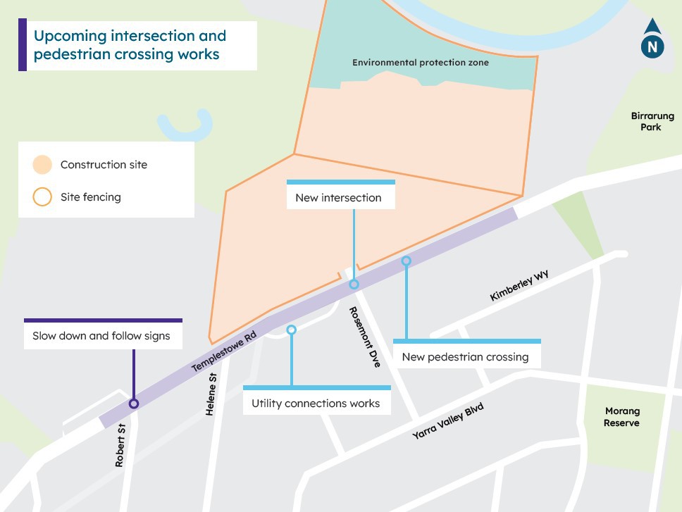 Map shows project area, including new intersection opposite Rosemont Drive, and outlines of the construction site next to Templestowe Road. 