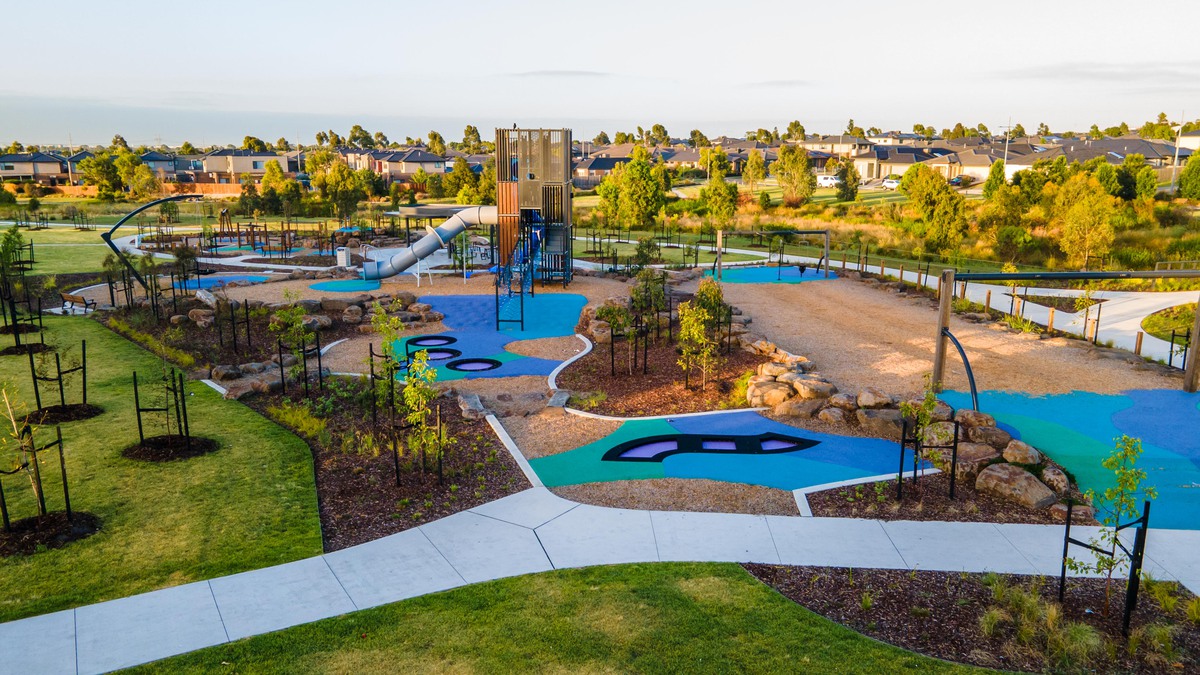 Aerial shot of Edgars Creek playground. Includes slide and trampoline.